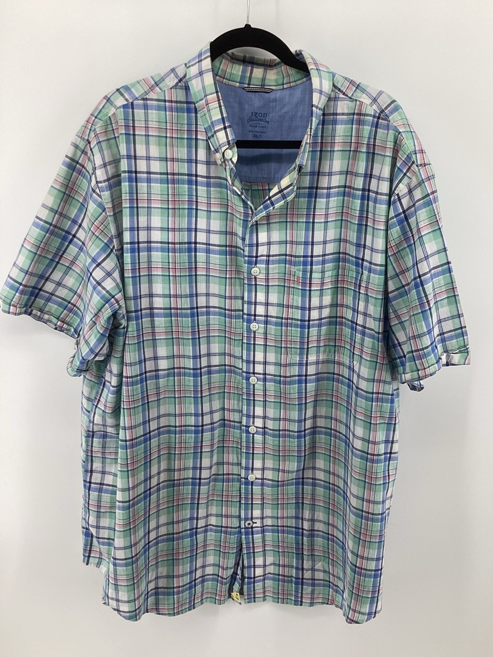 Izod Men's Short Sleeve Plaid Button-Down Shirt - Blue, Green & White